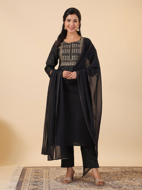 Black Cotton Blend Yoke Embroidery Straight Kurta Set